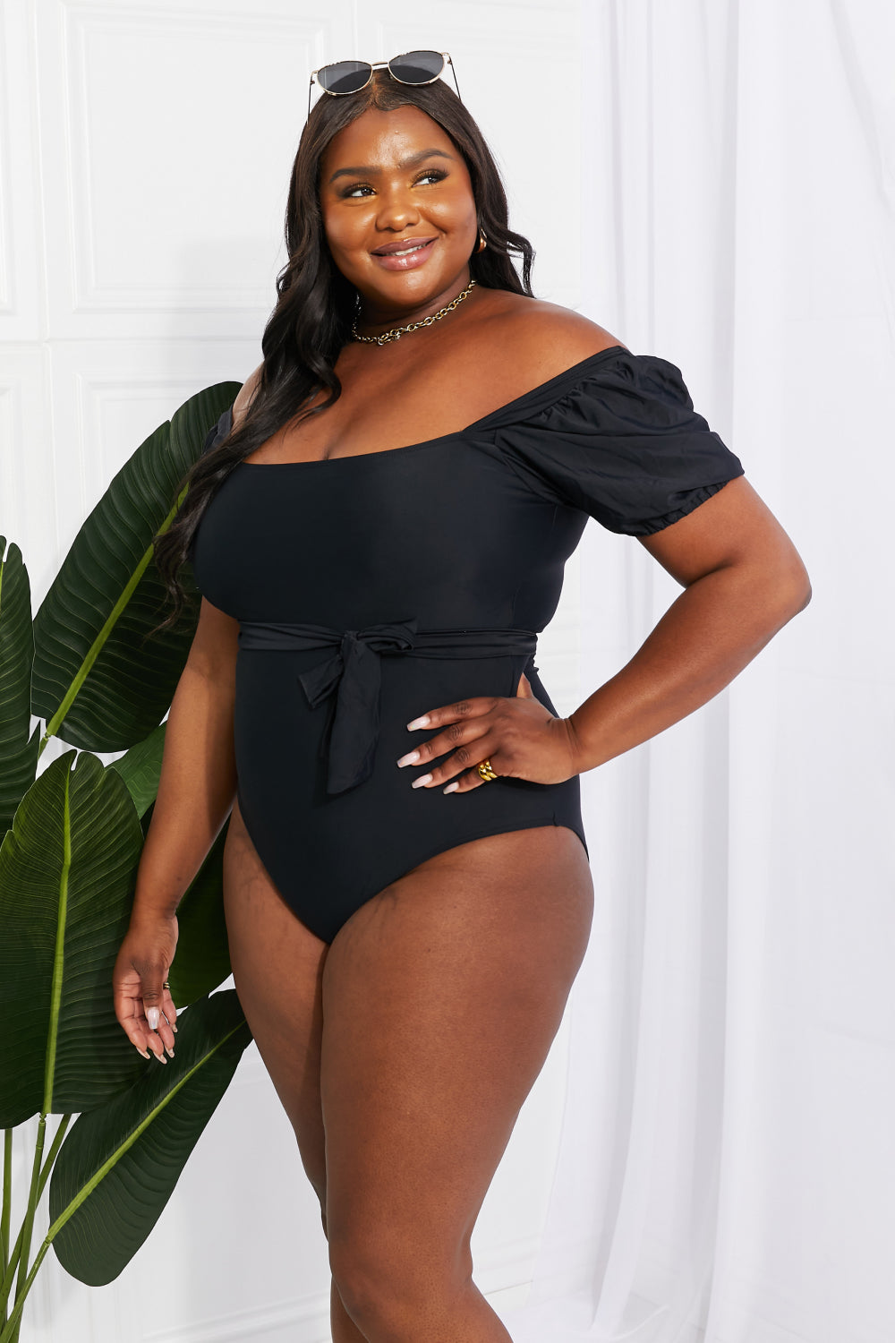 Buy Salty Air Puff Sleeve One-Piece in Black by Marina West Swim