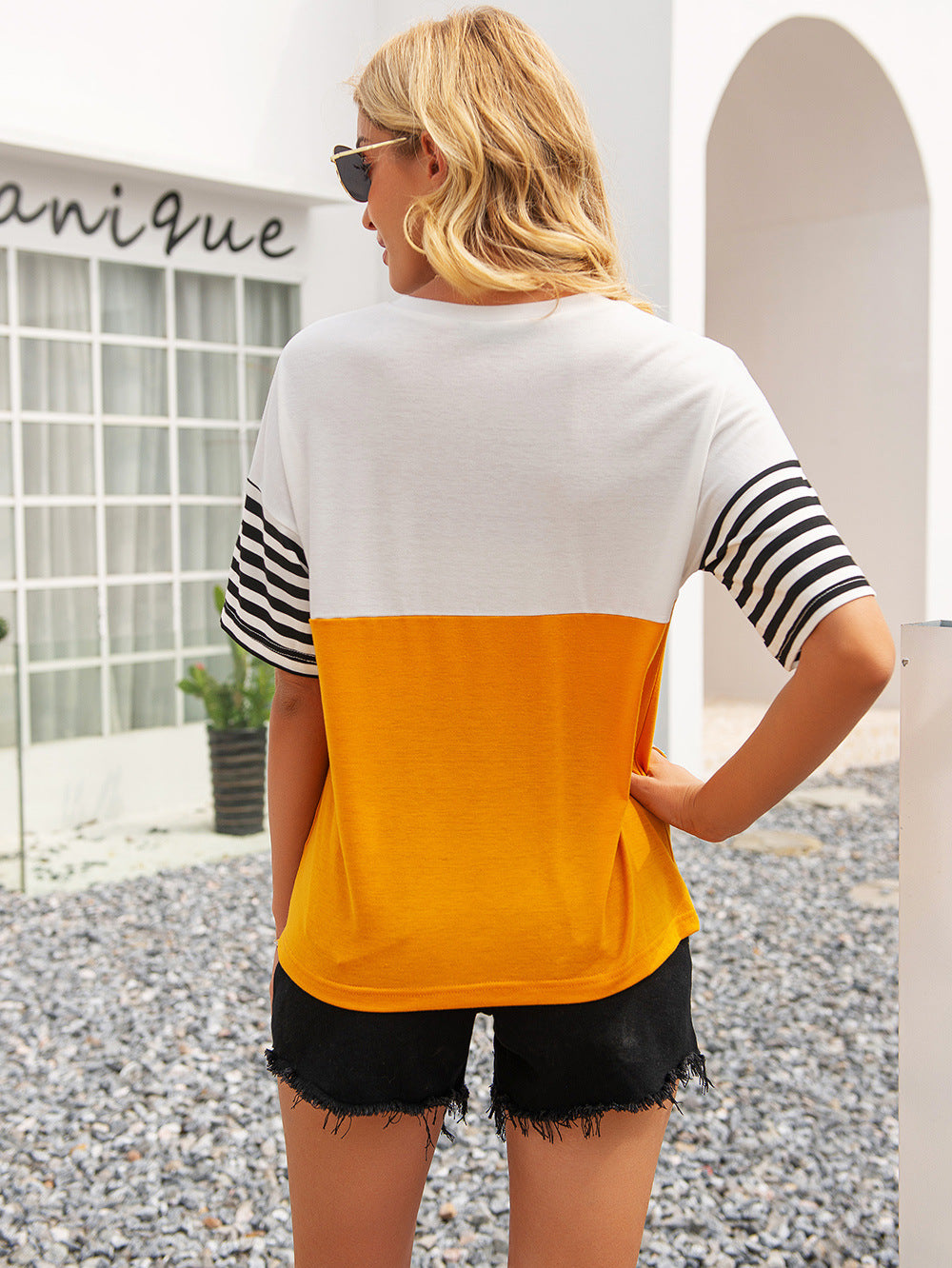 Buy Striped Color Block Round Neck Tee by Faz
