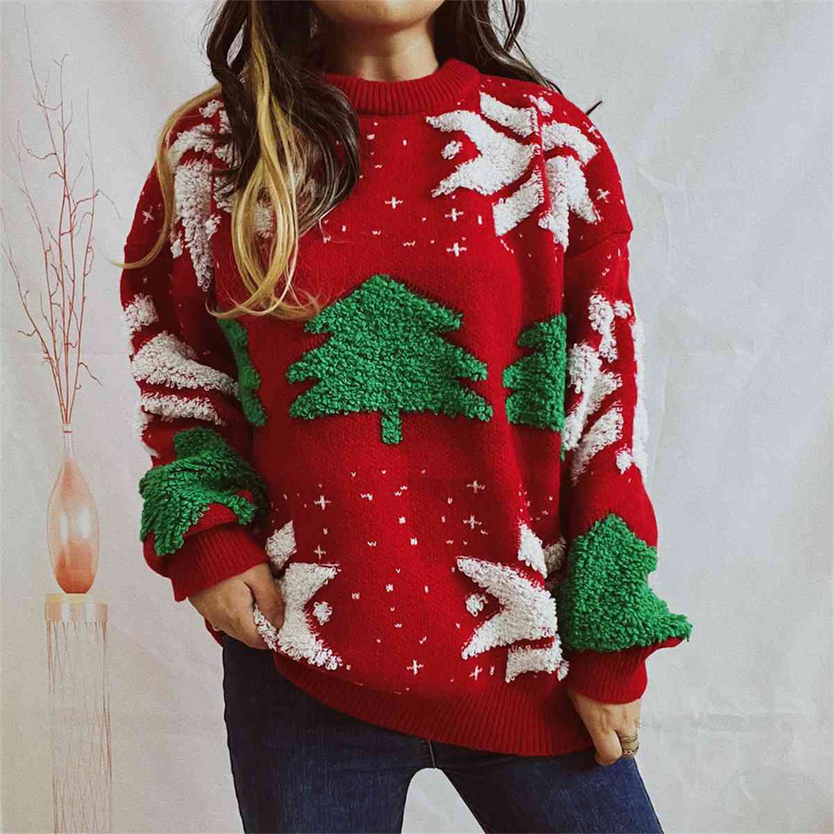 Buy Snowflake Round Neck Long Sleeve Sweater by Faz