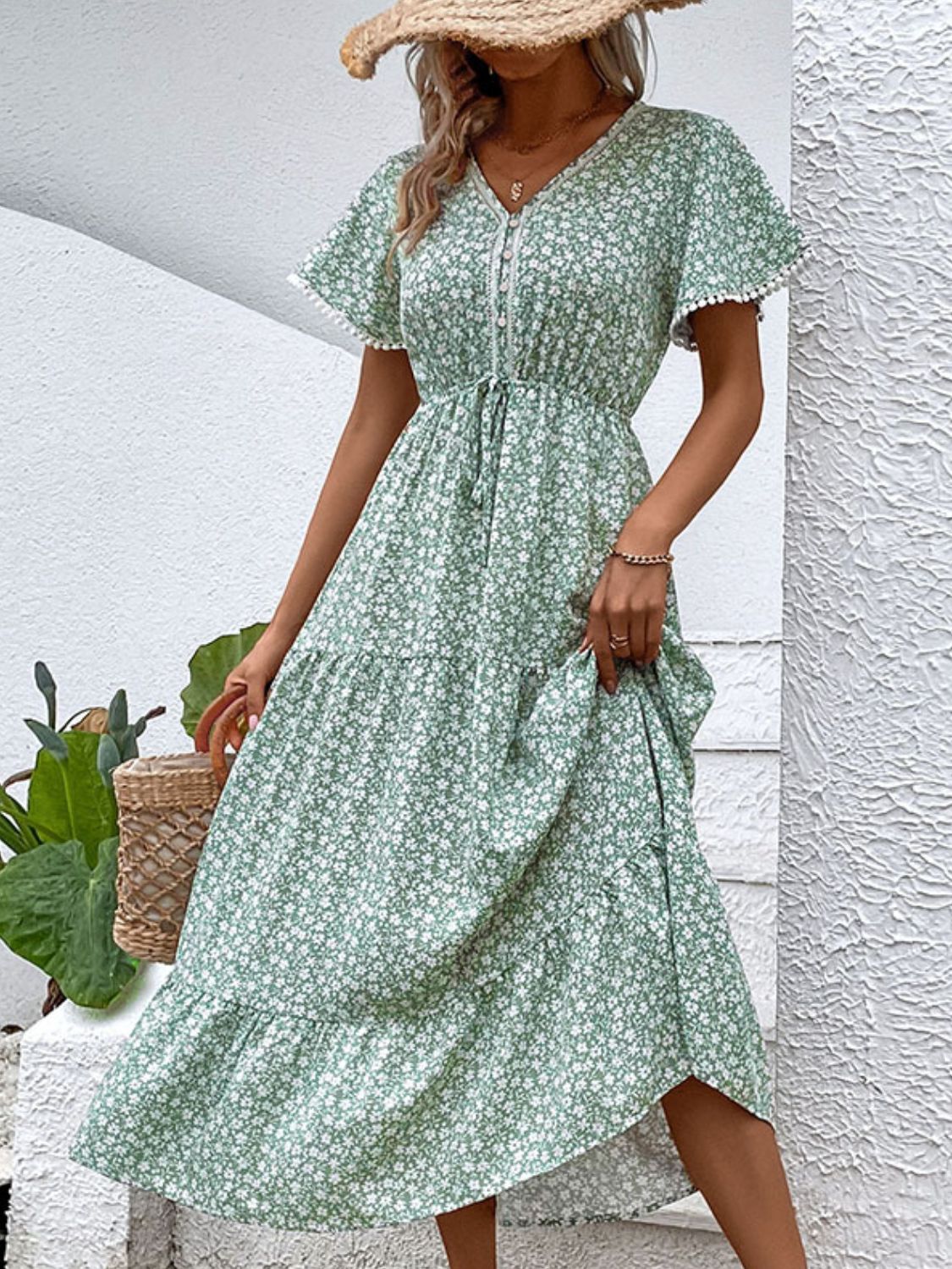 Buy Ditsy Floral V-Neck Tiered Dress by Hundredth