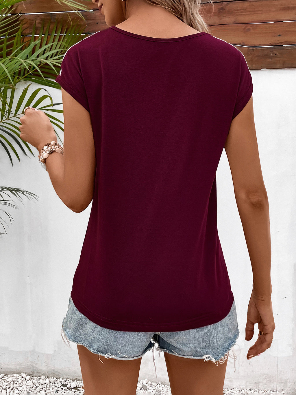 Buy Spliced Lace V-Neck Twisted Hem Tee by Faz