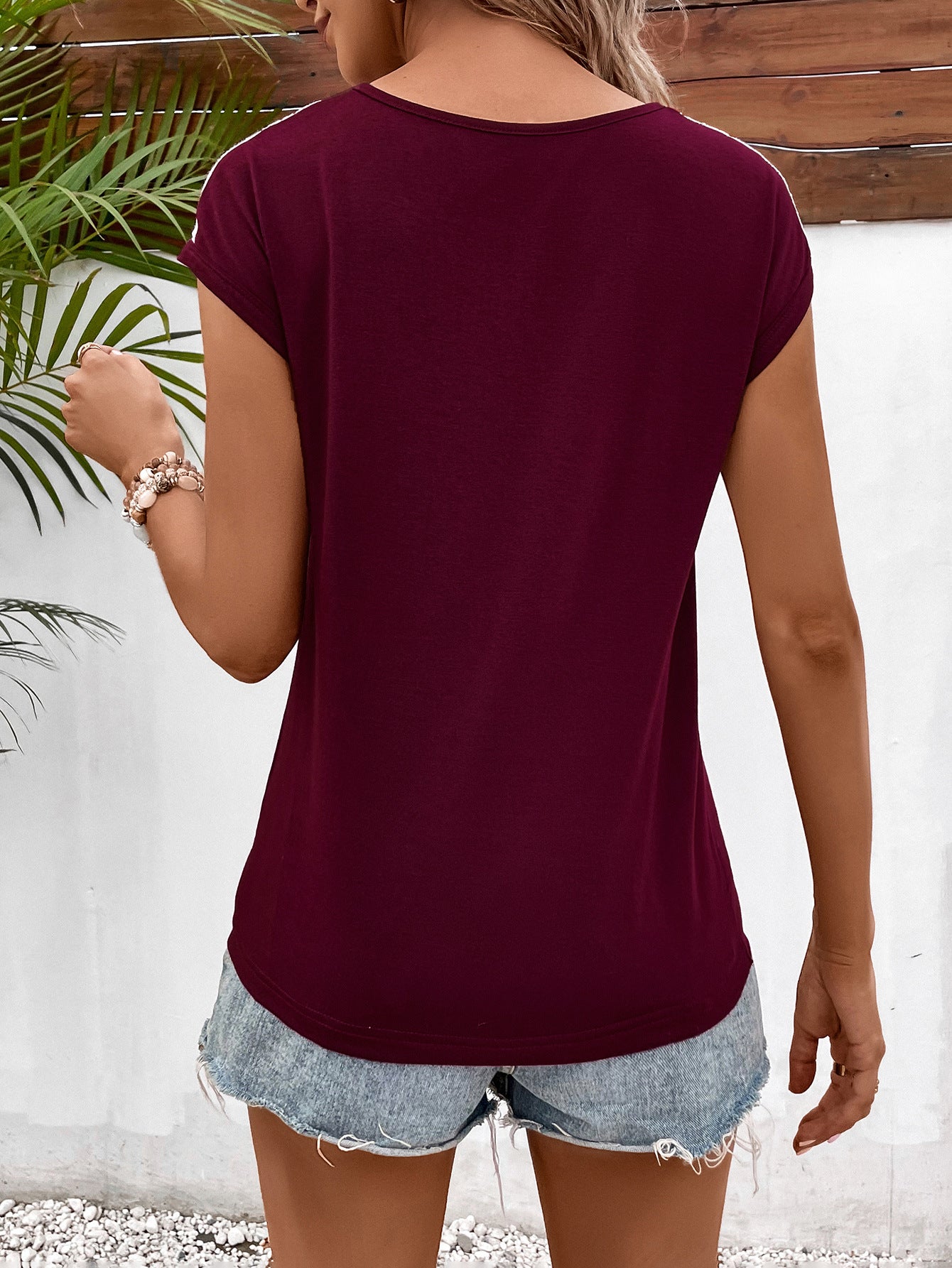 Buy Spliced Lace V-Neck Twisted Hem Tee by Faz