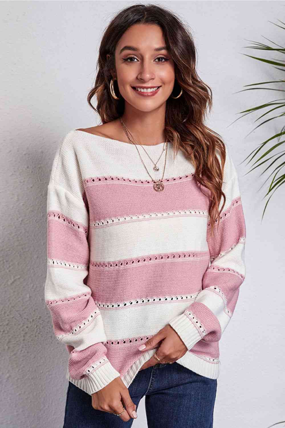Buy Striped Boat Neck Dropped Shoulder Sweater by B&S