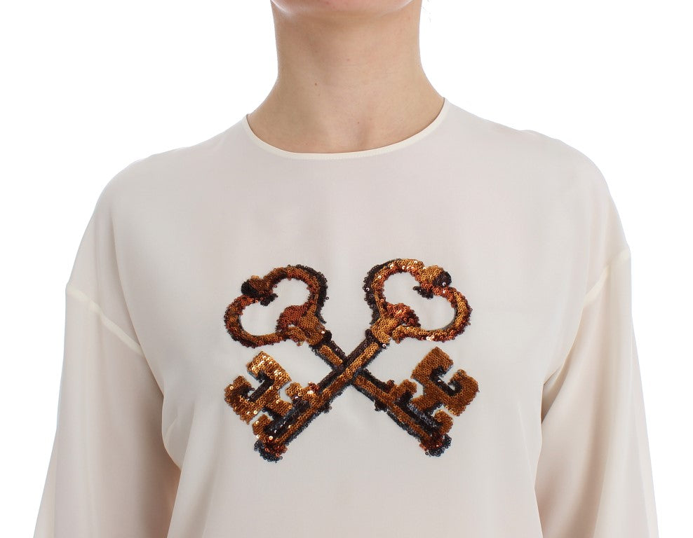 Buy White Sequined Key Silk Blouse T-shirt Top by Dolce & Gabbana