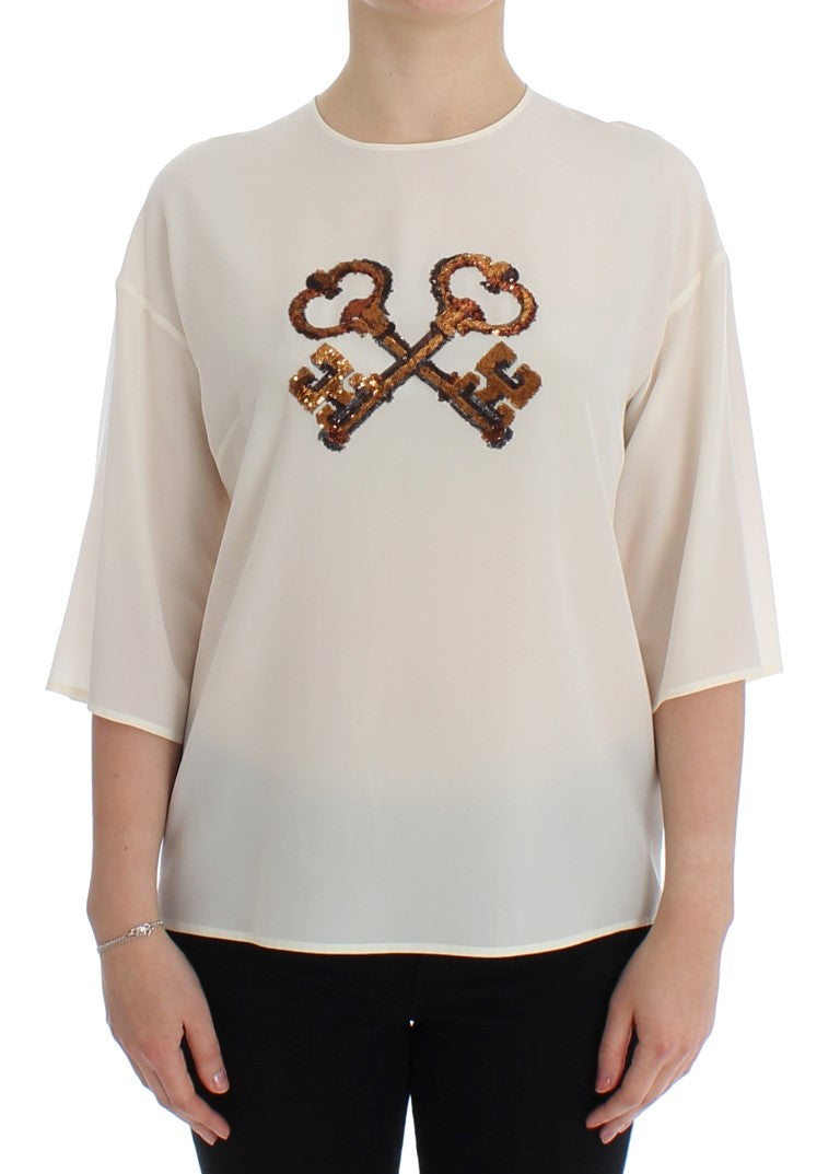 Buy White Sequined Key Silk Blouse T-shirt Top by Dolce & Gabbana