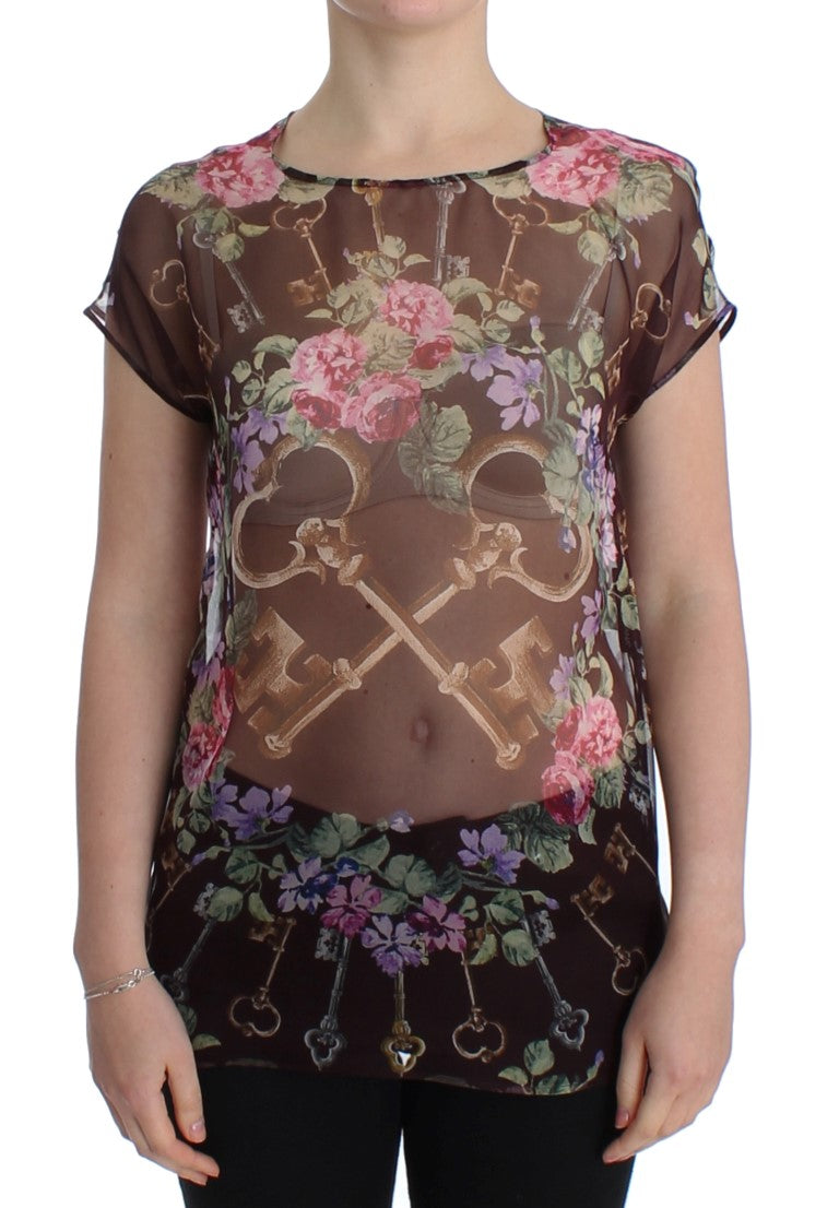 Elegant Floral Silk Blouse with Cap Sleeves