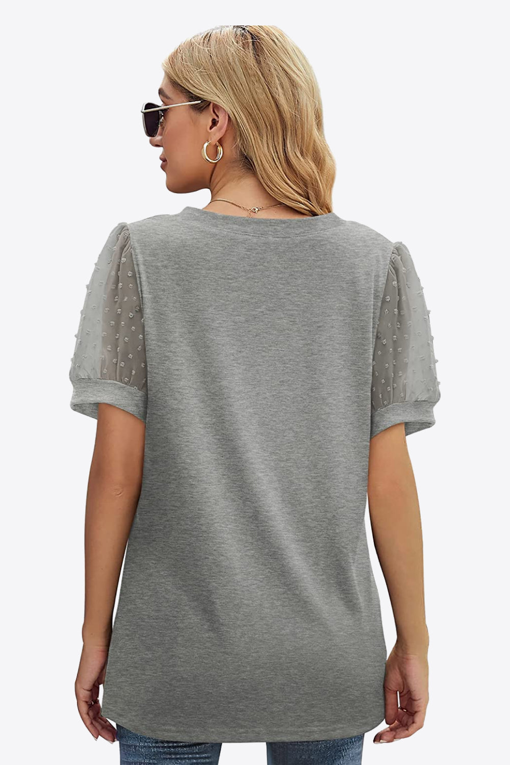 Buy Swiss Dot Puff Sleeve V-Neck Tee by Faz