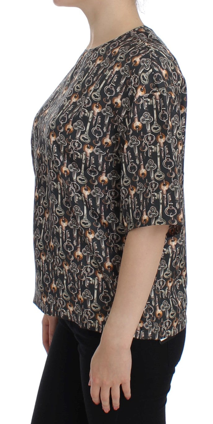 Enchanted Sicily Silk Blouse with Medieval Keys Print