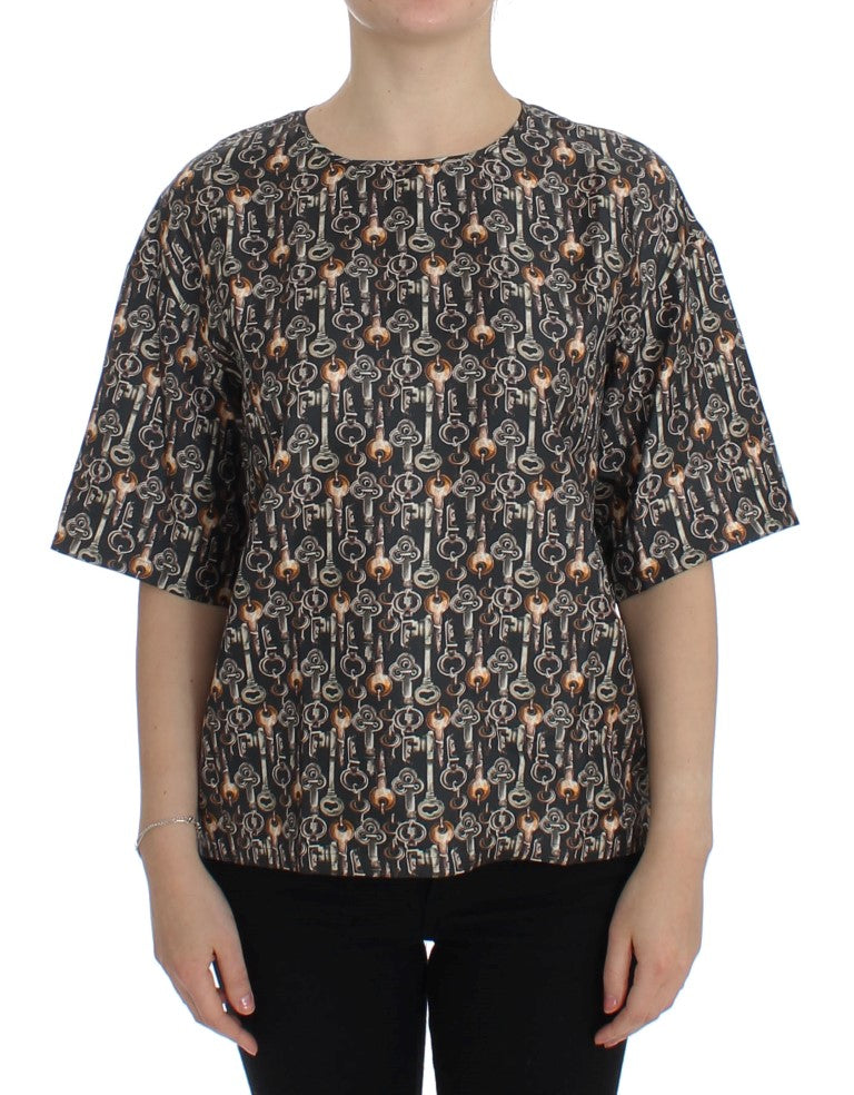 Enchanted Sicily Silk Blouse with Medieval Keys Print