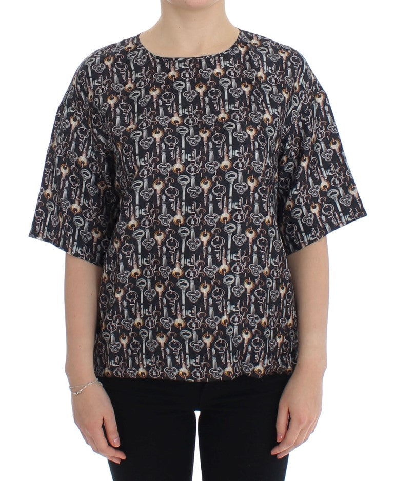 Enchanted Sicily Silk Blouse with Key Print