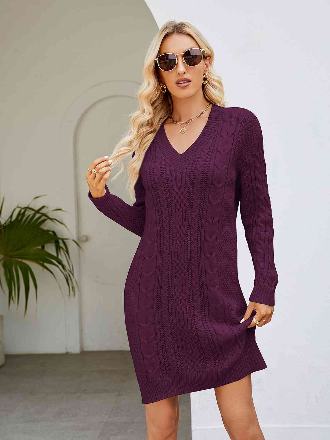 Buy Cable-Knit V-Neck Mini Sweater Dress by YH