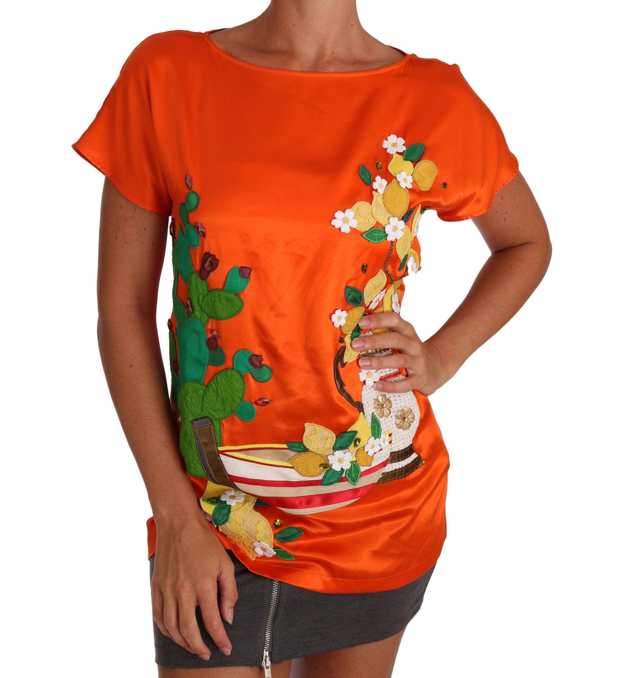 Buy Silk Orange Lemon Crystal T-shirt Top by Dolce & Gabbana