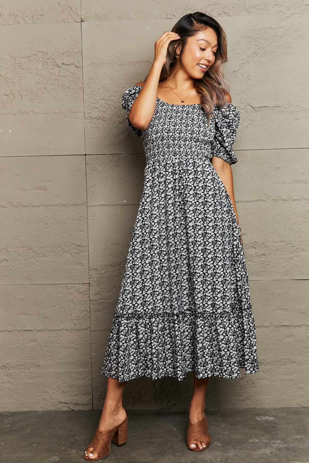 Buy Floral Lace-Up Off-Shoulder Midi Dress by Hundredth
