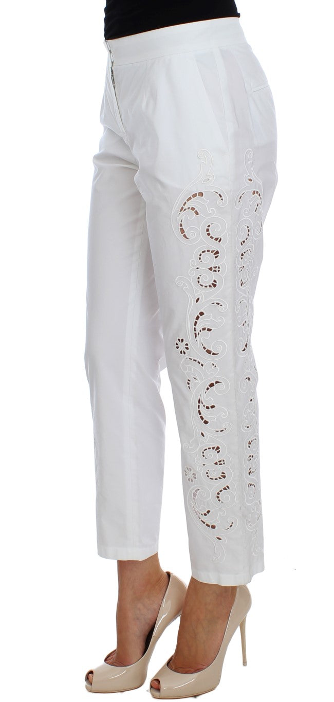 Elegant White Floral Cutout Dress Pants