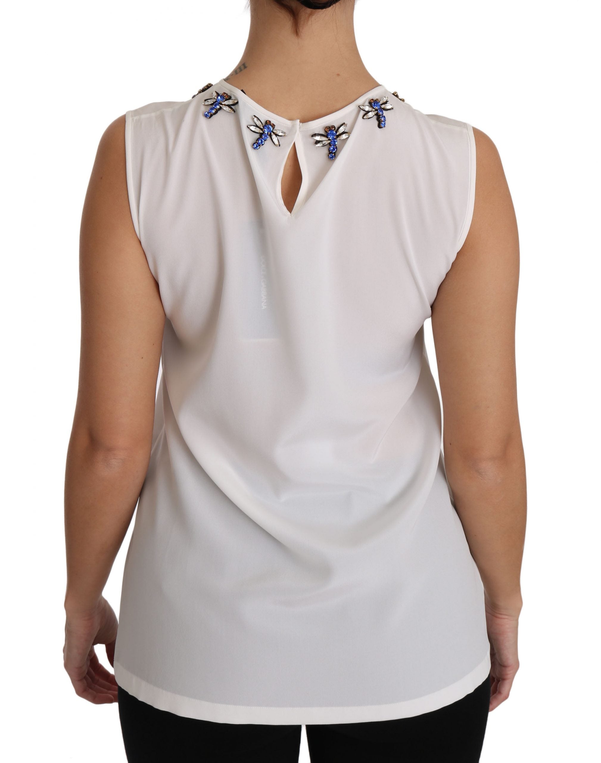 Buy White Silk Embellished Crystal Dragonfly Top by Dolce & Gabbana