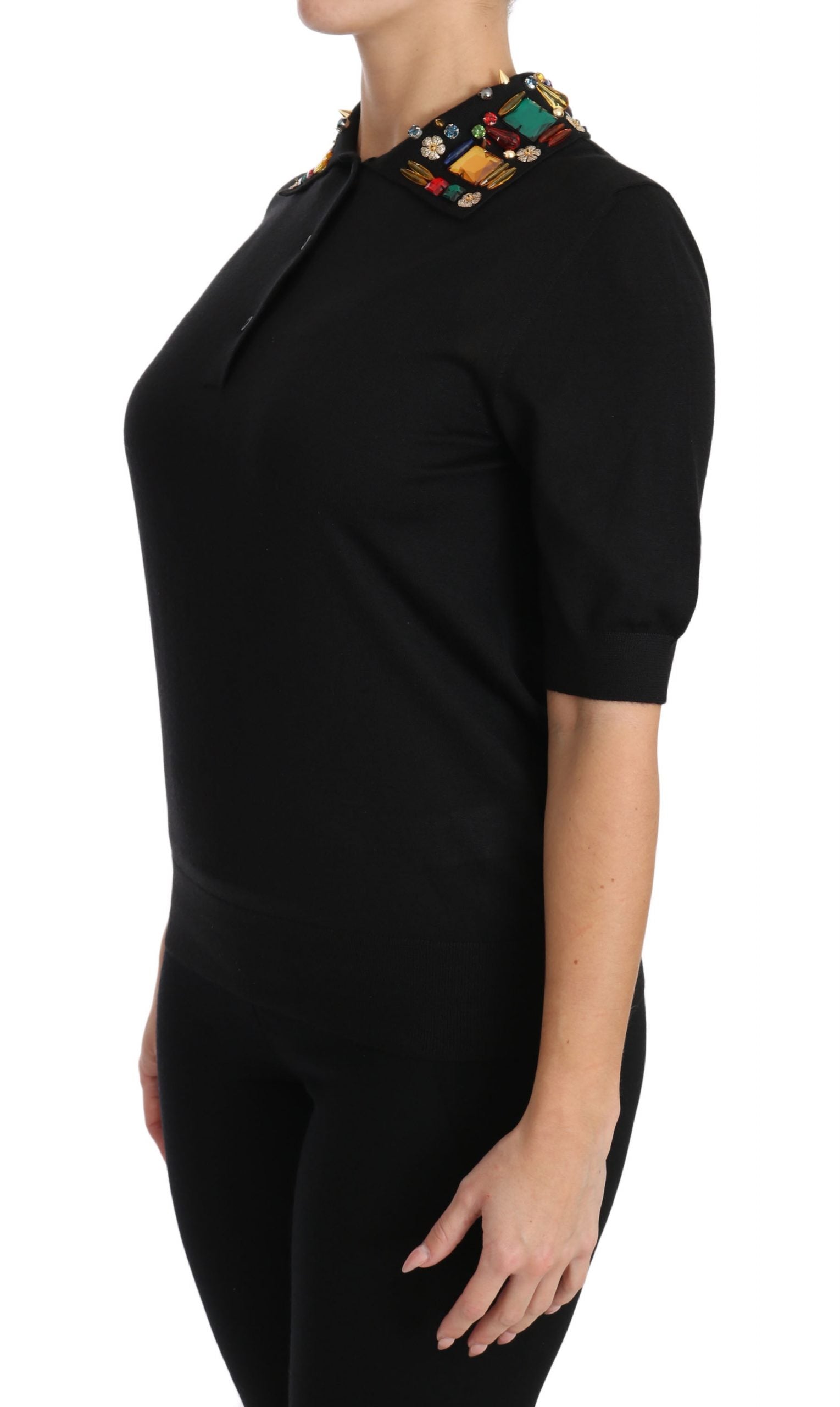 Buy Black Cashmere Crystal Collar Top T-Shirt by Dolce & Gabbana
