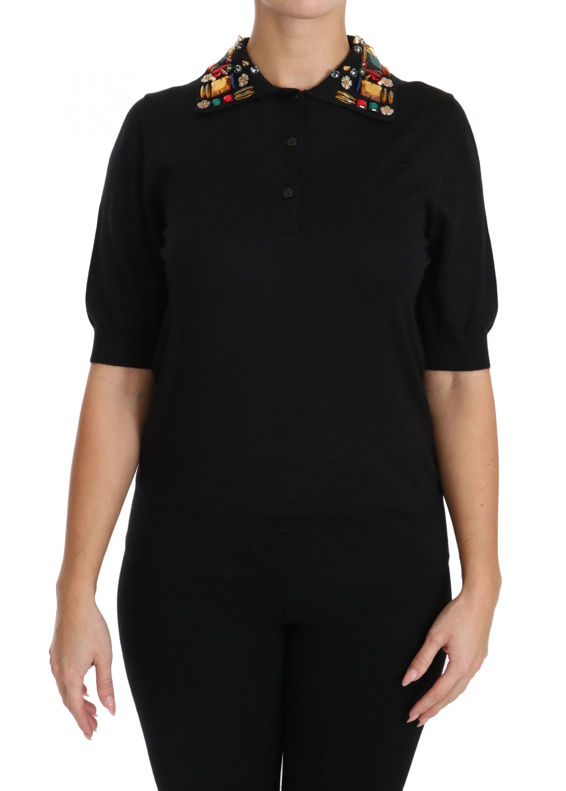 Buy Black Cashmere Crystal Collar Top T-Shirt by Dolce & Gabbana