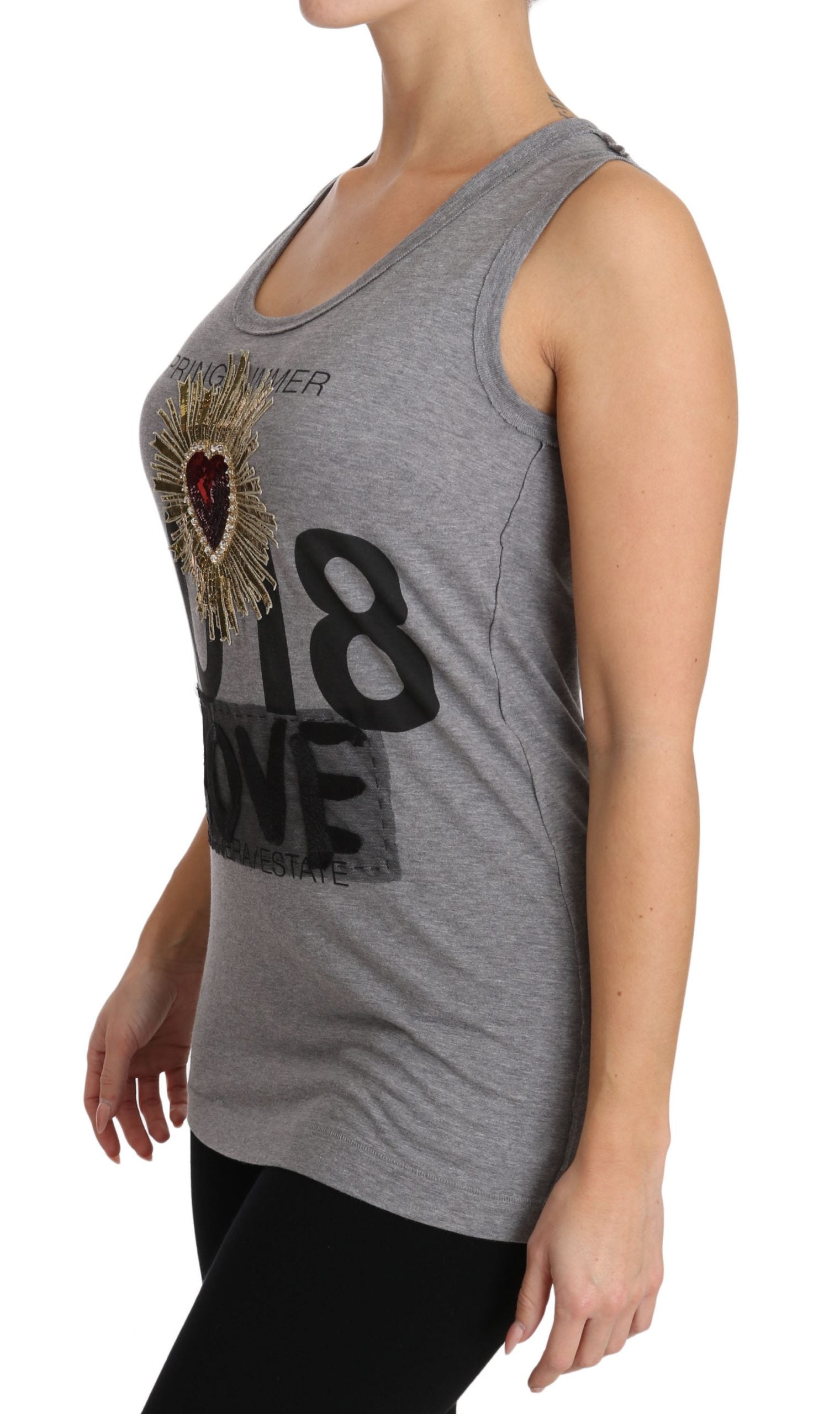 Buy Gray Tank Top Crystal Sequined Heart  T-shirt by Dolce & Gabbana