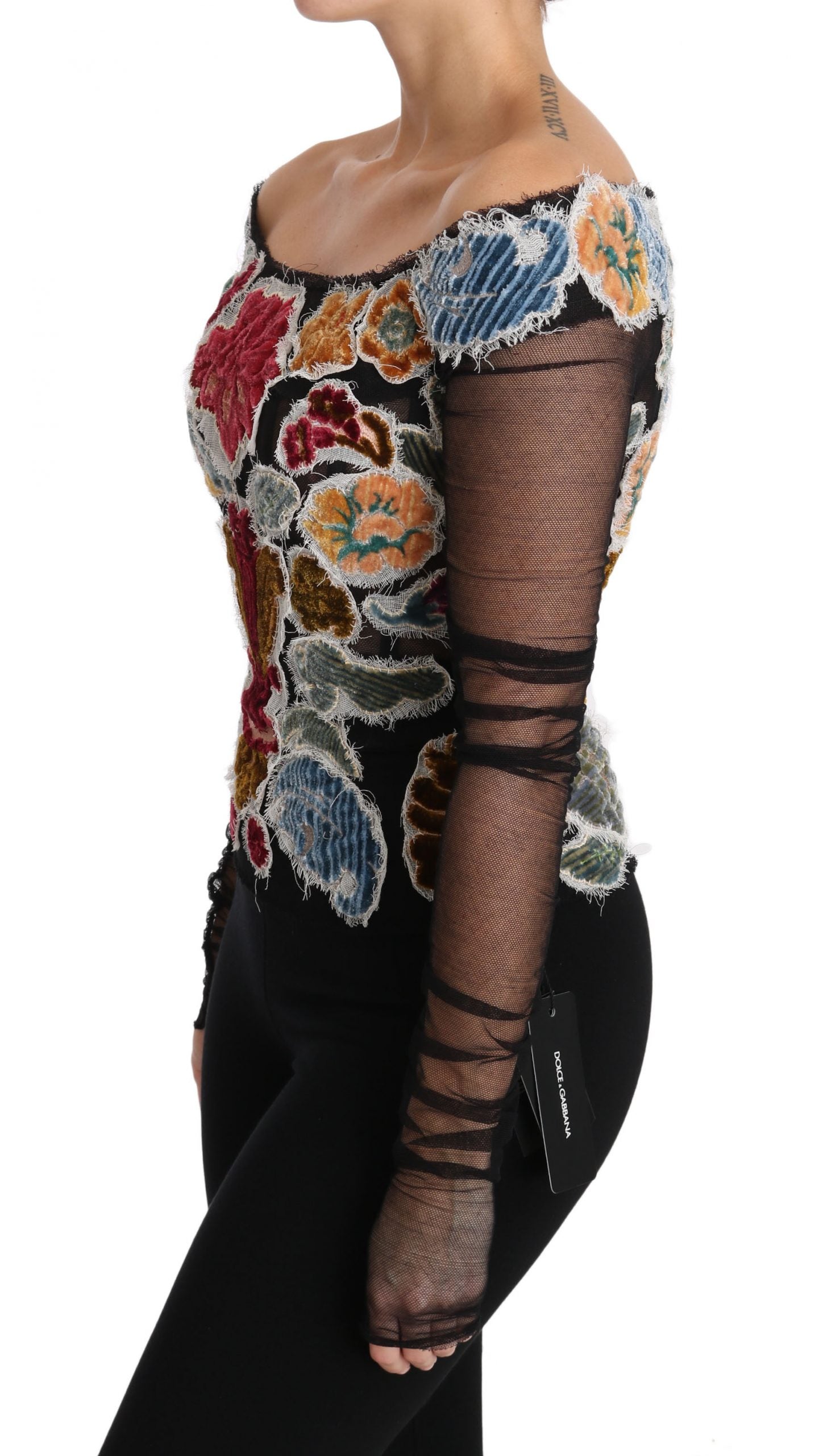 Buy Black Floral Ricamo Top T-shirt Blouse by Dolce & Gabbana