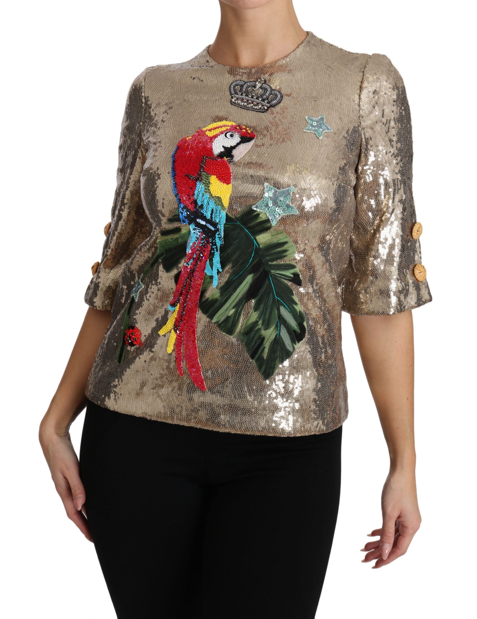 Buy Gold Sequined Parrot Crystal Blouse by Dolce & Gabbana