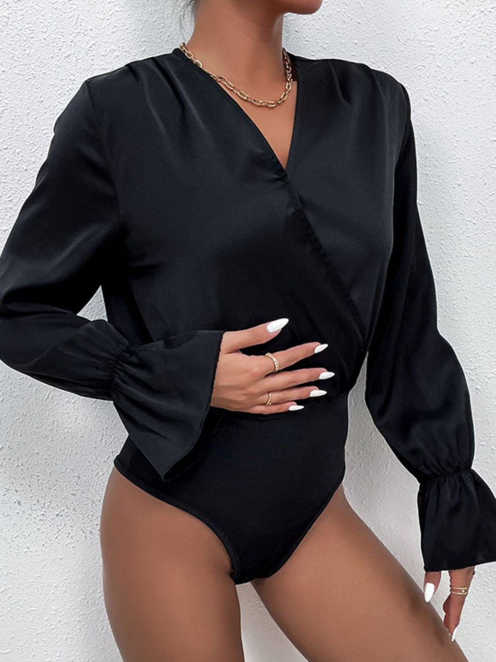 Buy Surplice Neck Flounce Sleeve Bodysuit by Faz