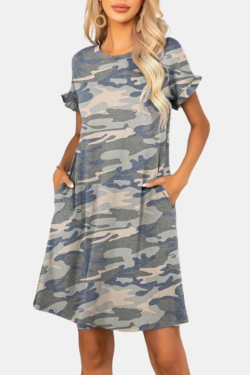 Buy Flounce Sleeve Round Neck Dress with Pockets by Putica