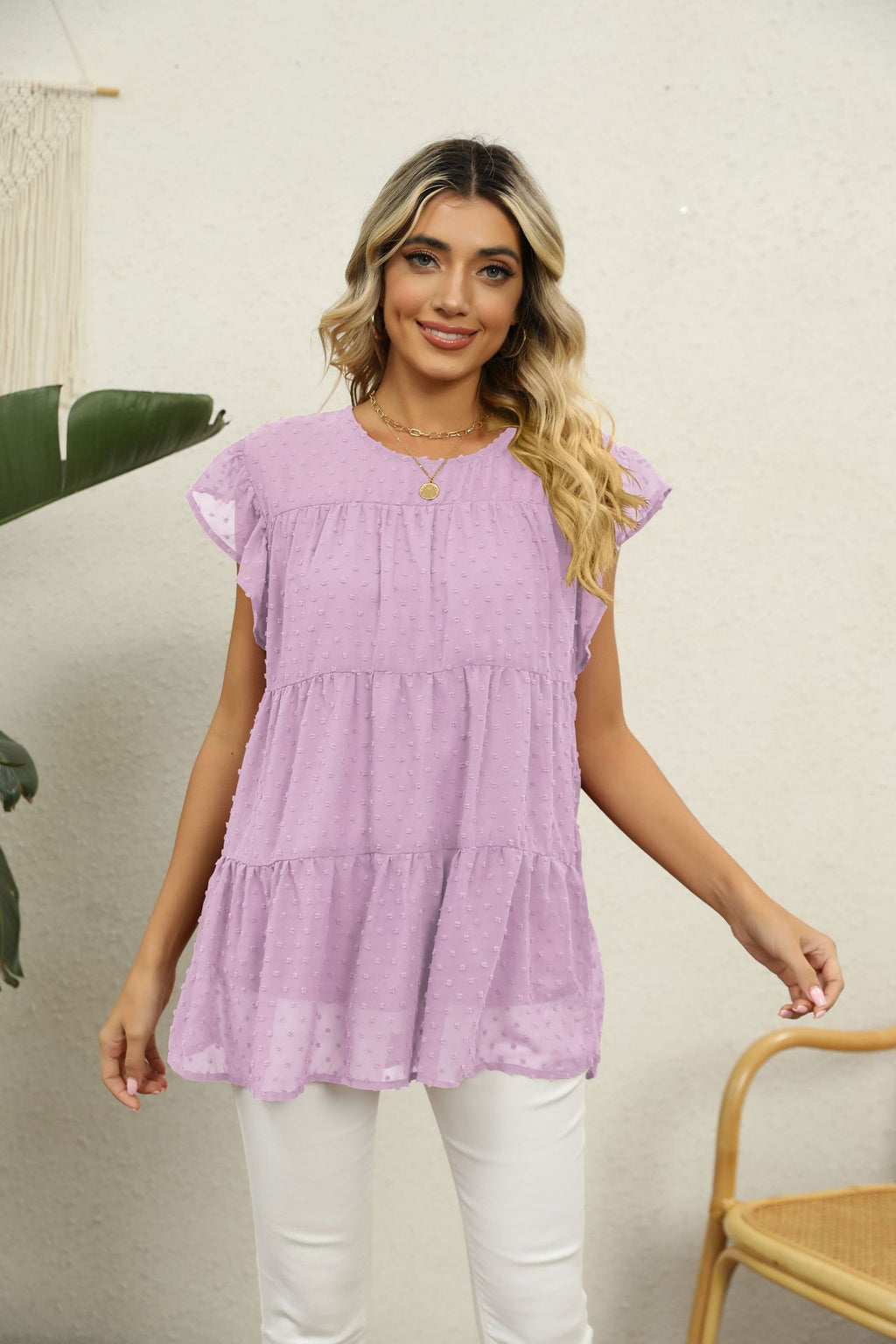 Buy Swiss Dot Round Neck Tiered Blouse by Faz