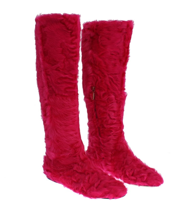 Buy Pink Lamb Fur Leather Flat Boots by Dolce & Gabbana