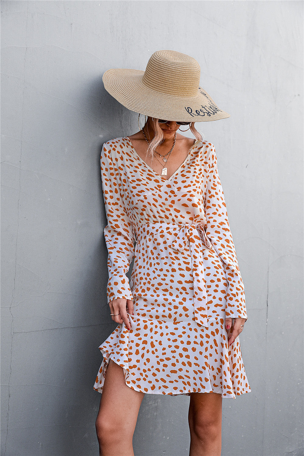 Buy Printed V-Neck Tie Belt Ruffle Hem Mini Dress by YO