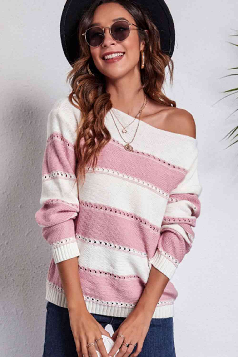 Buy Striped Boat Neck Dropped Shoulder Sweater by B&S
