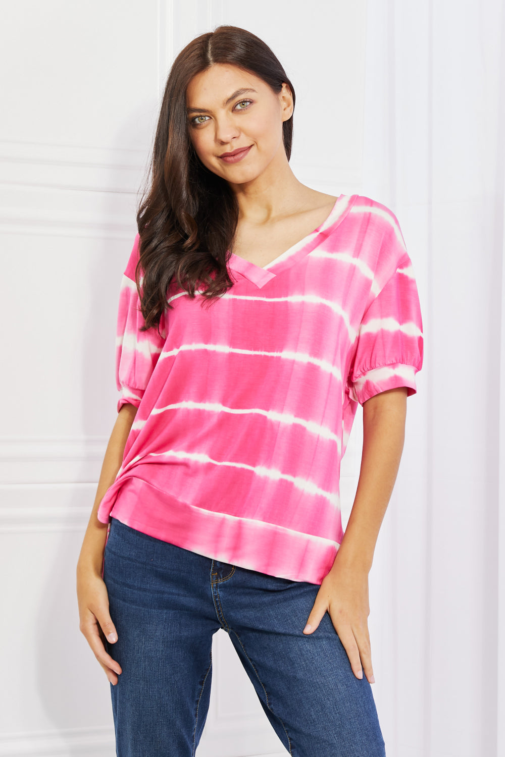 Buy Full Size Oversized Fit V-Neck Striped Top by Yelete
