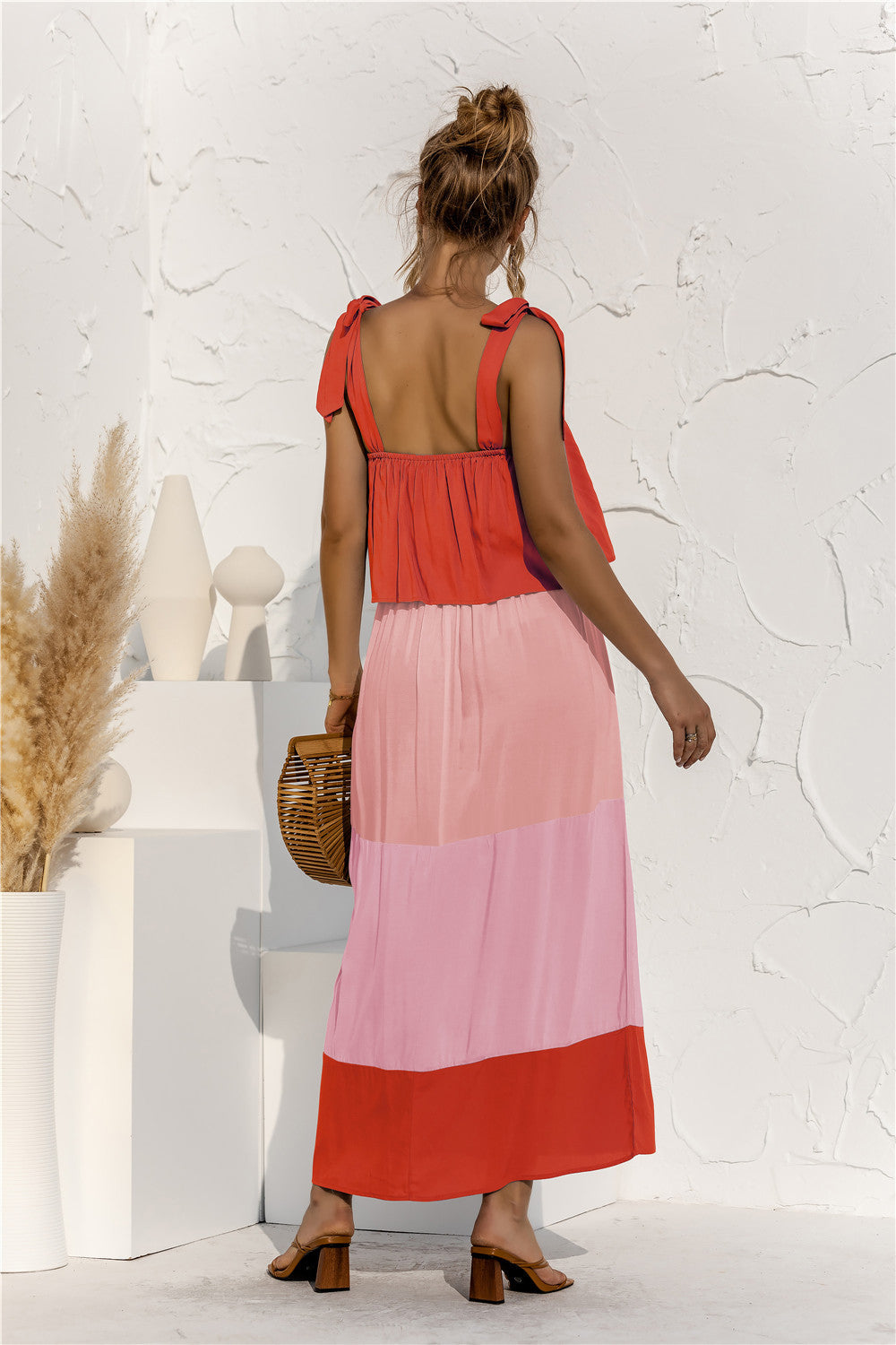 Buy Color Block Tie Shoulder Tiered Sleeveless Dress by Faz