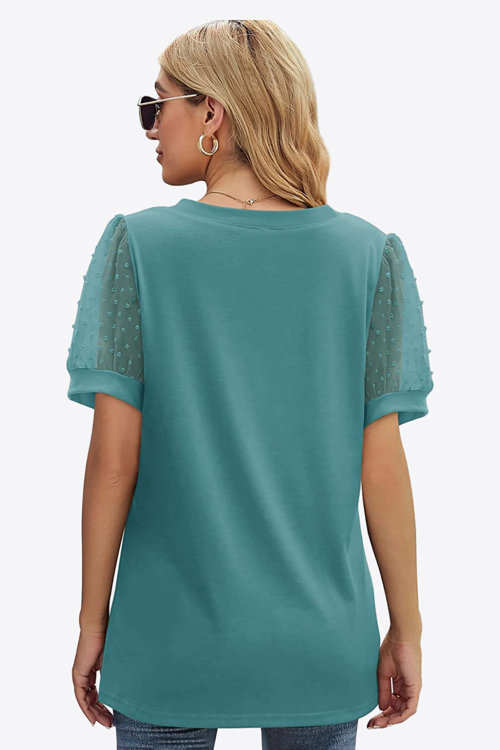 Buy Swiss Dot Puff Sleeve V-Neck Tee by Faz
