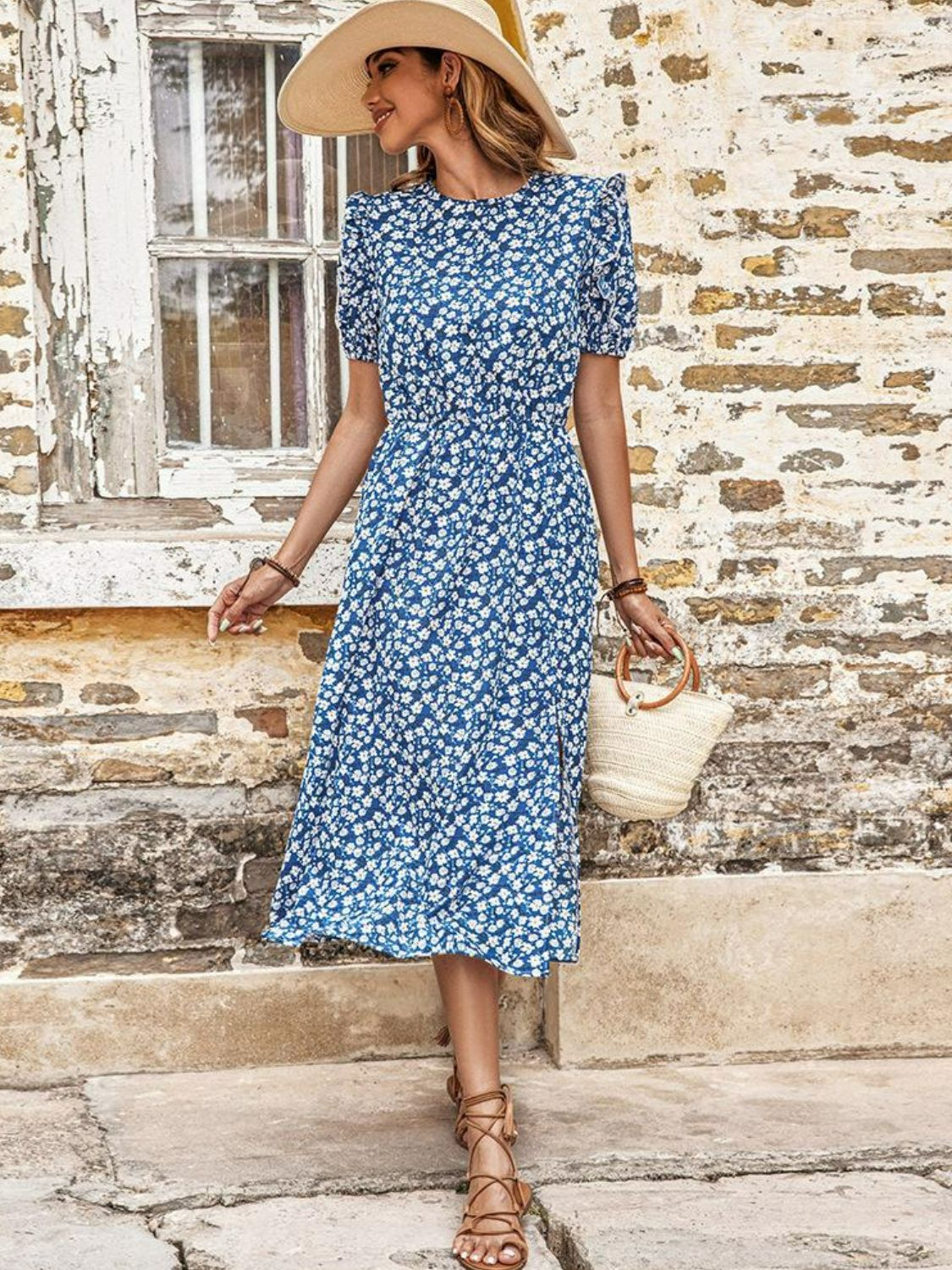 Buy Floral Round Neck Split Midi Dress by Hundredth