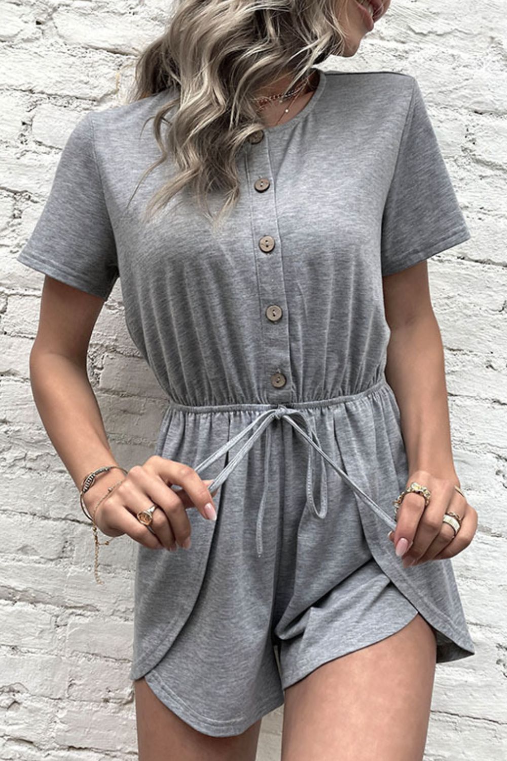 Buy Buttoned Drawstring Round Neck Romper by Faz