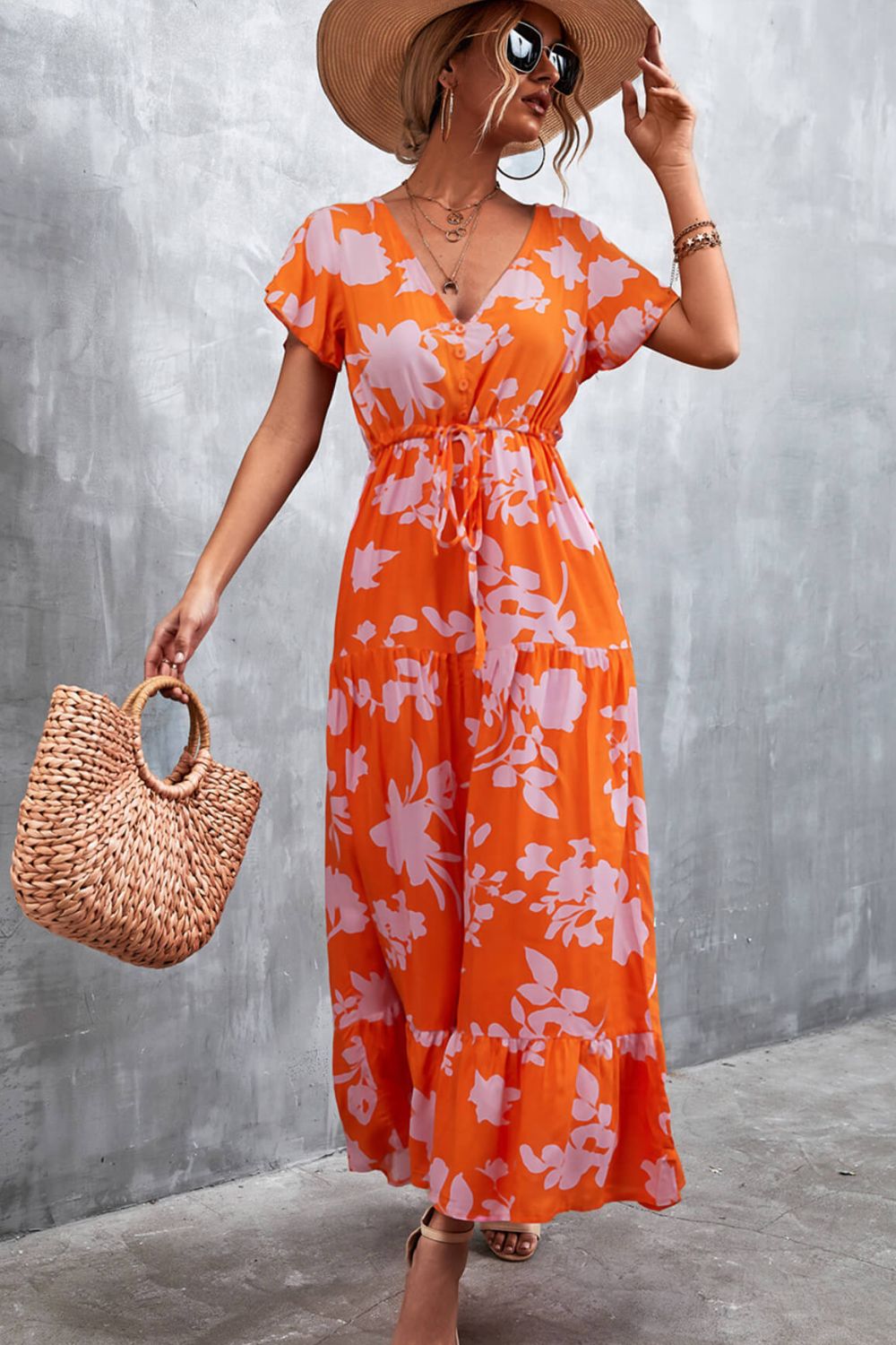 Buy Floral Buttoned Drawstring Waist Tiered Dress by Faz