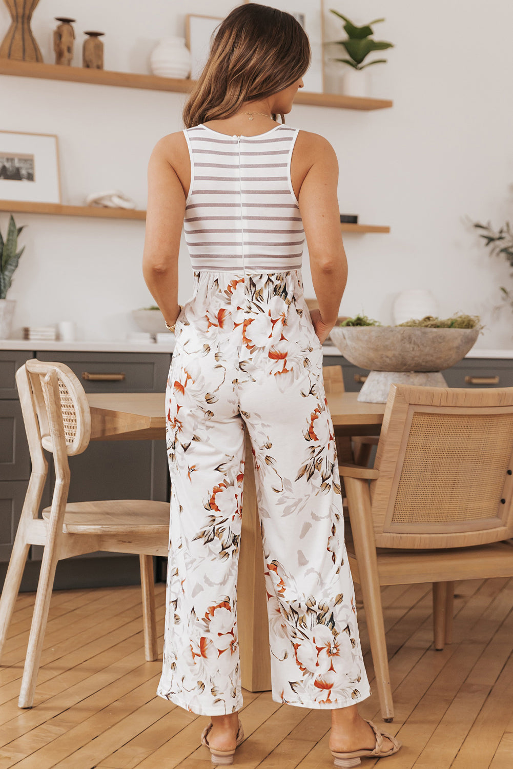 Buy Striped Floral Sleeveless Wide Leg Jumpsuit with Pockets by Faz