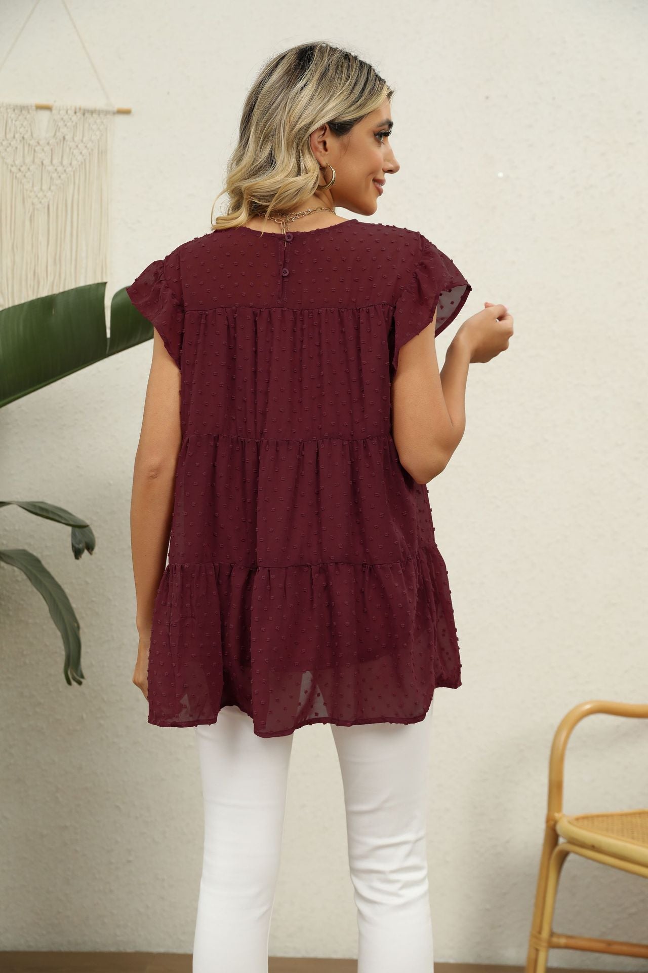 Buy Swiss Dot Round Neck Tiered Blouse by Faz
