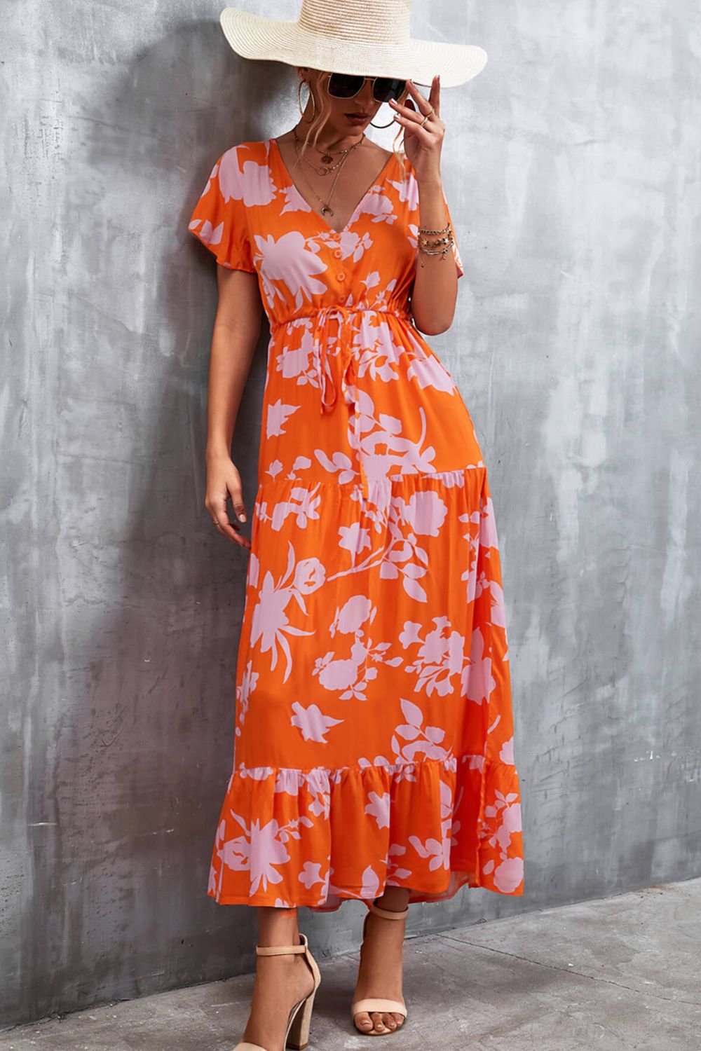 Buy Floral Buttoned Drawstring Waist Tiered Dress by Faz