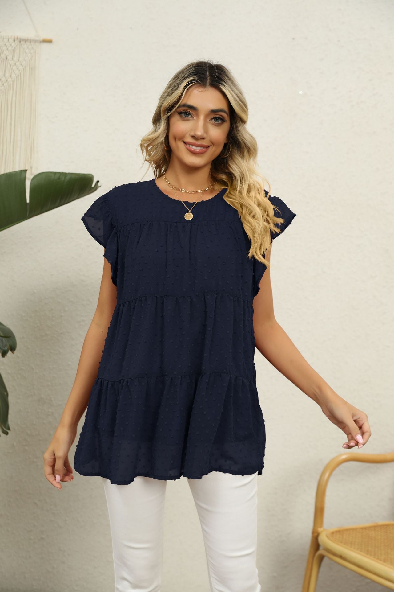 Buy Swiss Dot Round Neck Tiered Blouse by Faz