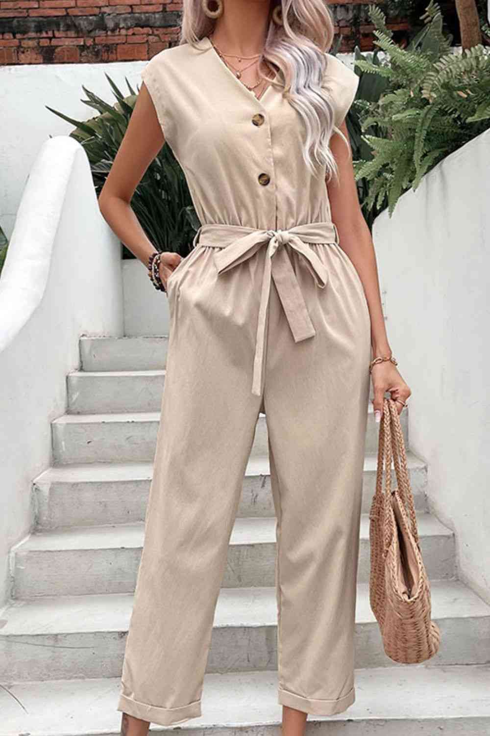 Buy Capped Sleeve Belted V-Neck Jumpsuit by Hundredth