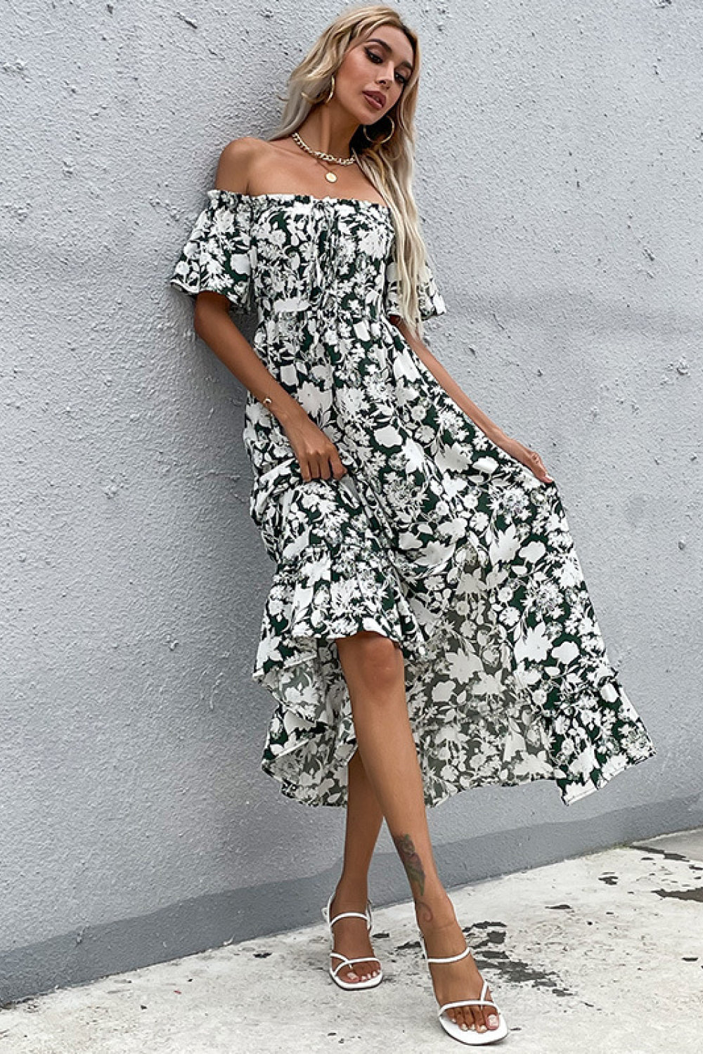 Buy Floral Slit Off-Shoulder Midi Dress by Hundredth