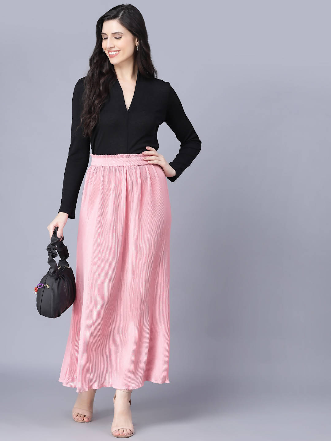 Myshka Chiffon Solid Pink Women Skirt