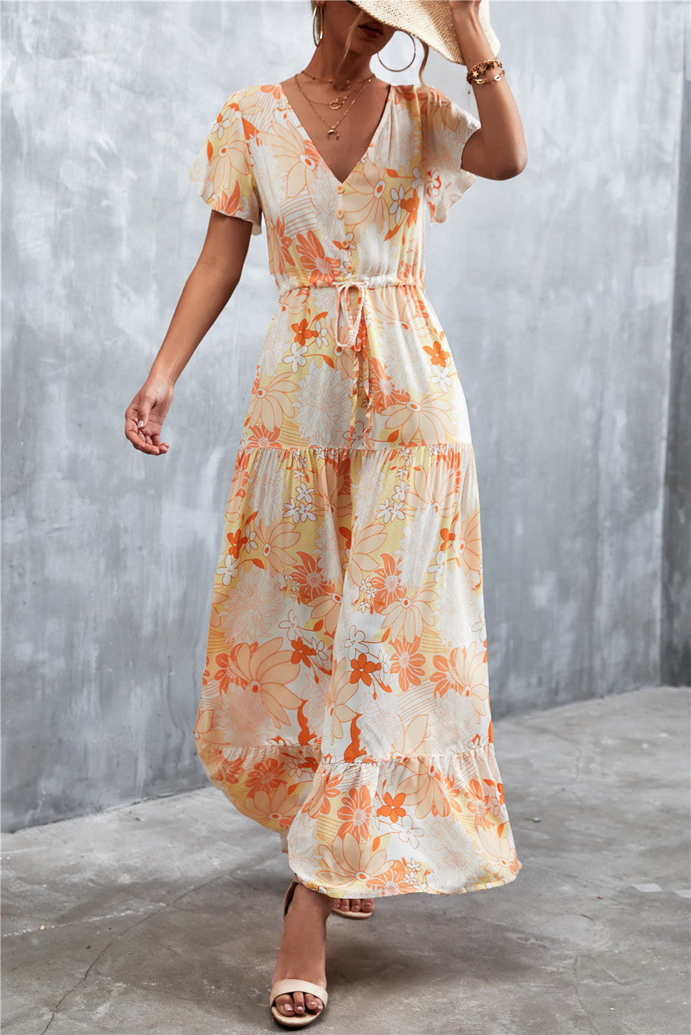 Buy Floral Buttoned Drawstring Waist Tiered Dress by Faz