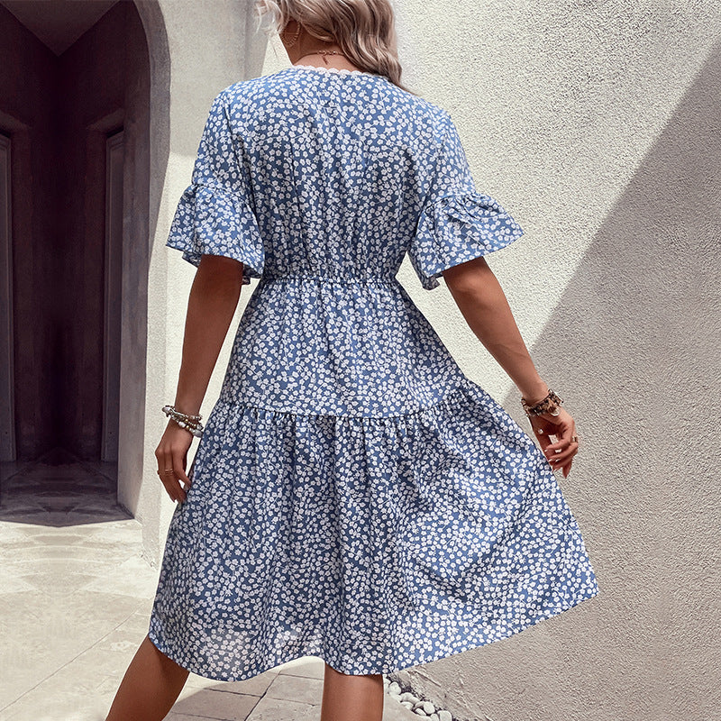 Buy Floral Flounce Sleeve V-Neck Dress by Hundredth