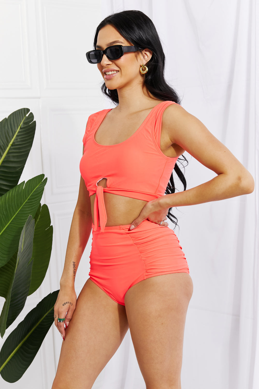 Buy Sanibel Crop Swim Top and Ruched Bottoms Set in Coral by Marina West Swim