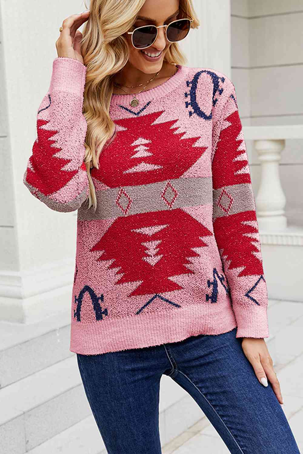 Buy Printed Round Neck Long Sleeve Sweater by Faz