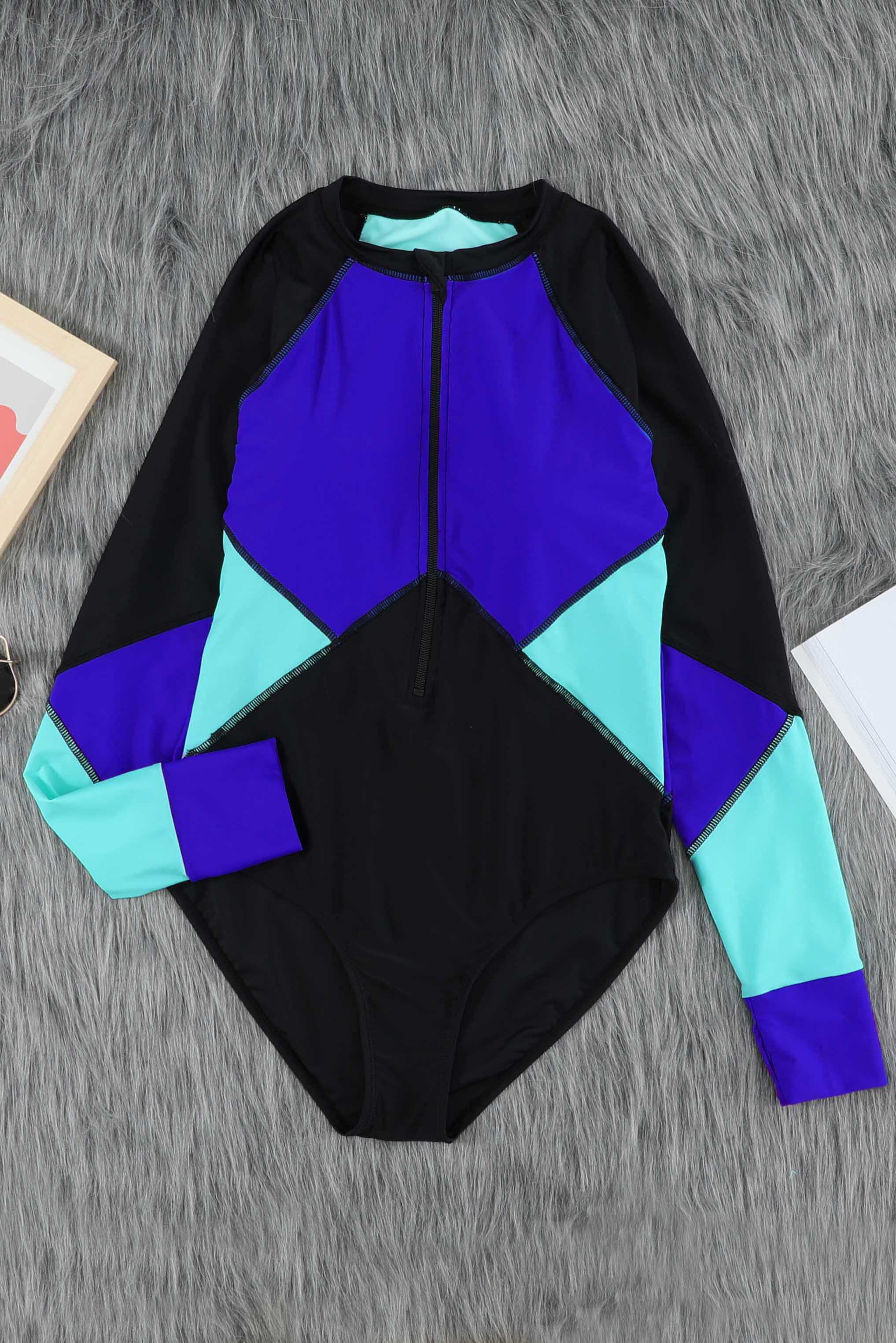 Buy Color Block Half Zip Long Sleeve One-Piece Swimsuit by Faz