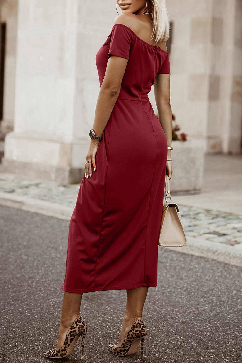 Buy Off-Shoulder Short Sleeve Split Dress by Faz