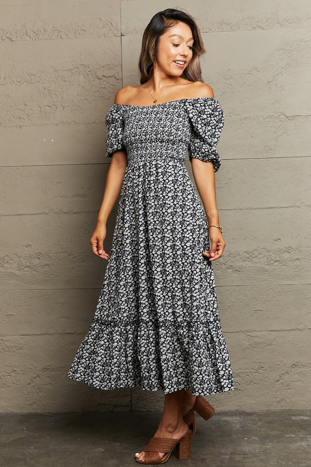 Buy Floral Lace-Up Off-Shoulder Midi Dress by Hundredth